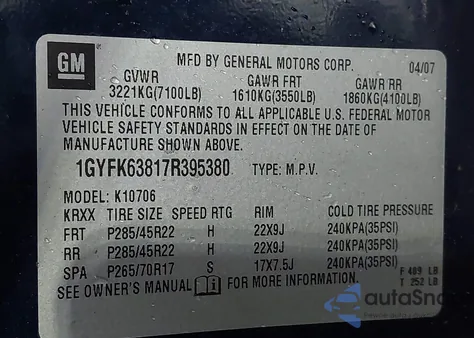 2007 Cadillac Escalade Standard z USA, uszkodzony, nr VIN 1GYFK63817R395380